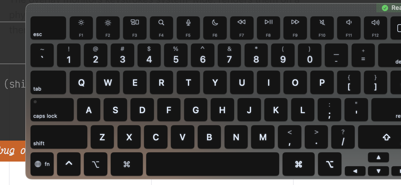 KeyPath overlay showing a MacBook keyboard layout with live key state