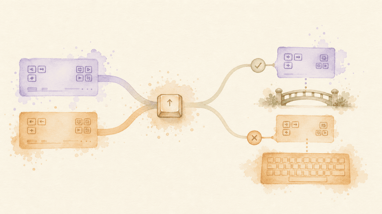 Watercolor diagram of two keyboard rules meeting at one key and another rule crossing a bridge to the keyboard behavior it needs