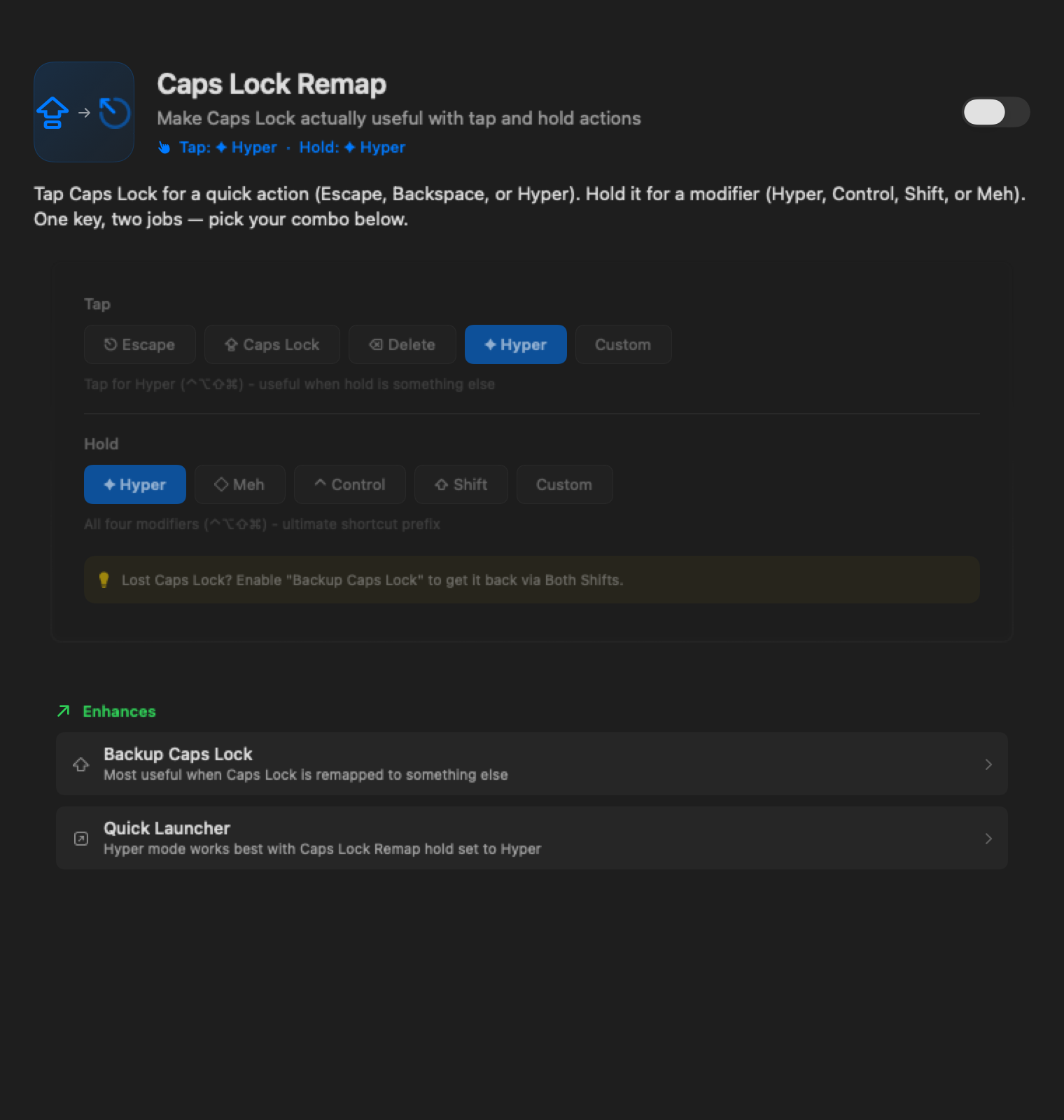 Screenshot — The Caps Lock Remap pack detail in KeyPath