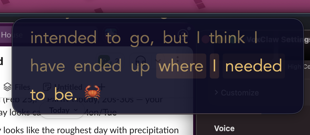 VoxClaw floating overlay with highlighted words
