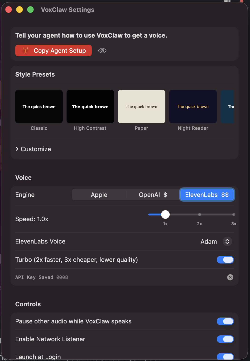 VoxClaw settings panel with style presets and voice controls